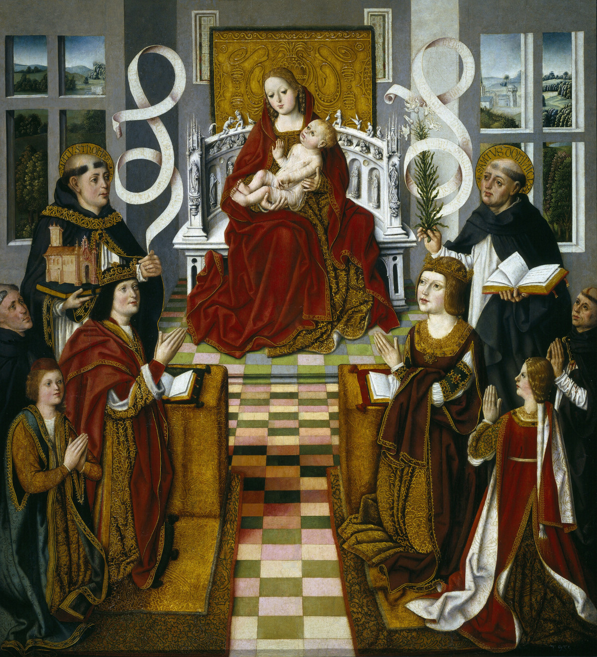 Fernando Gallego, "Madonna królów katolickich", ok. 1490-1495. Fot. Fine Art Images/East News. Obraz przedstawia towarzyszących Matce Bożej św. Tomasza i św. Dominika, a niżej m.in. króla Ferdynanda i królową Izabelę. Przy królu klęczy ich syn Jan, przy królowej: jedna z córek