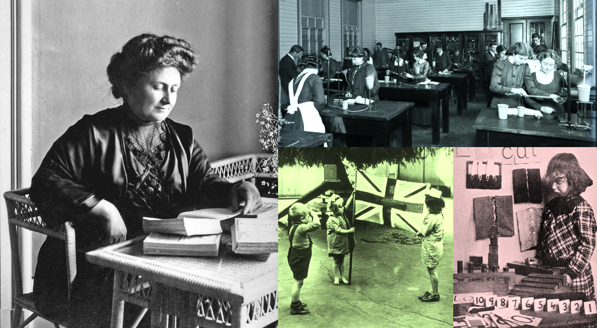 Z lewej: Maria Montessori na fotografii z 1913 roku. Z prawej: przykłady realizacji metody Montessori